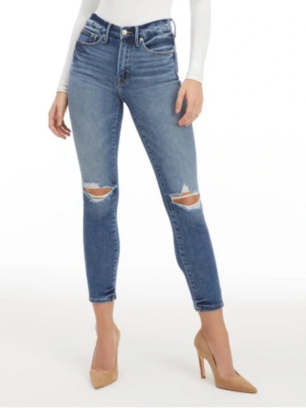 Good American Good Legs Stovepipe Distressed Skinny High Rise Medium Wash Sz 4